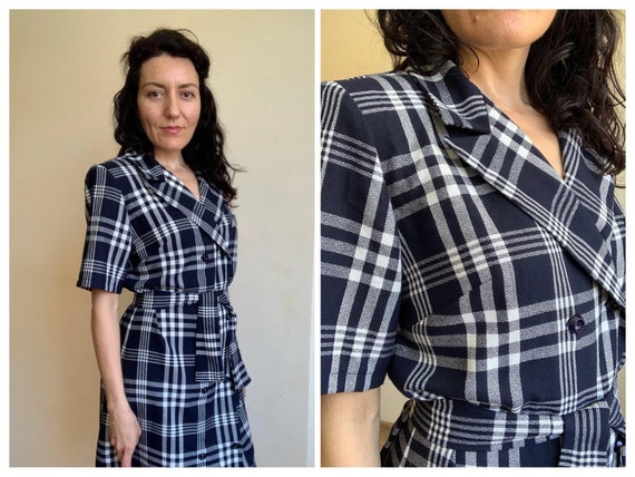 Vintage 90s Checkered Button Up Dress with Tie Be… - image 1