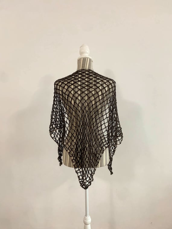 Brown Fishnet Lace Crochet Shawl with Gold Lame, … - image 1