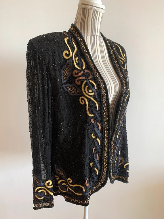 Vintage Heavy Beadwork Blazer, Pure Silk Black Be… - image 3