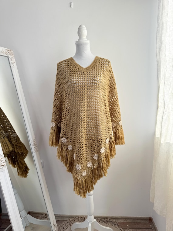 Vintage Camel Crochet Poncho, Floral Lace Fringed Boho Shawl, Mustard Hand Knit Festival Wrap, Retro Hippie Capelet, Mesh Pullover Sweater