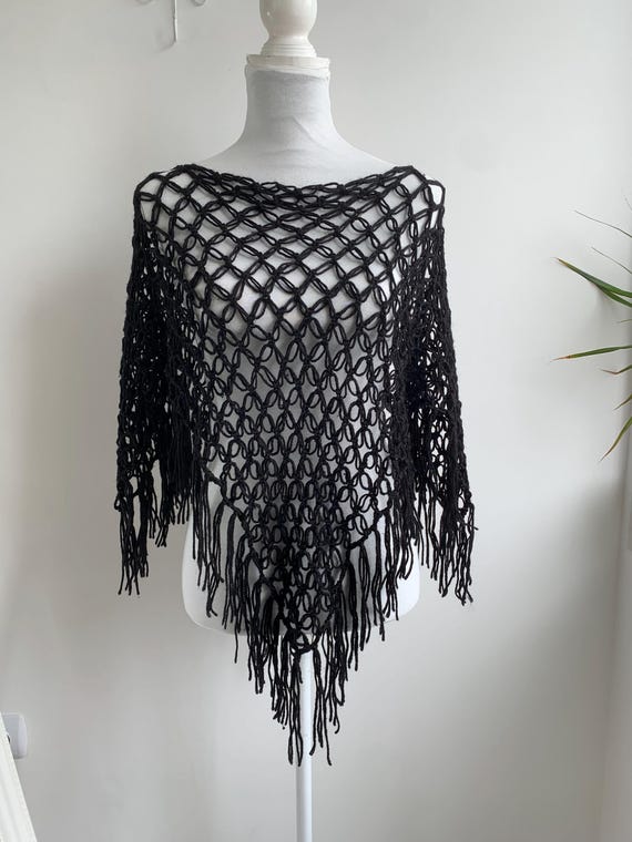 Vintage Black Lace Crochet Poncho for Women, Lightweight Fishnet Acrylic Wool Poncho, Fringed Shawl Wrap, Bohemian Mesh Pullover Sweater