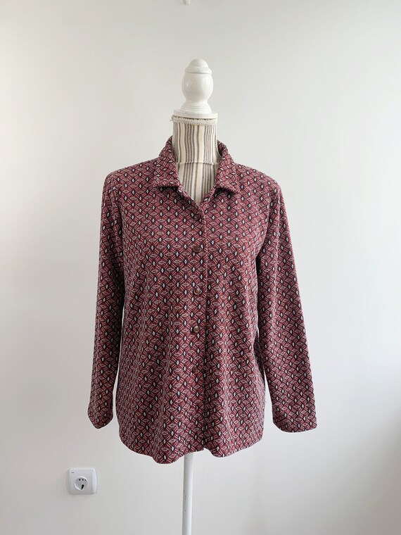 Vintage 70s Retro Groovy Deadstock Collared Button Up, Red Patterned Novelty Print Geometric Shirt for Women Size L, Fall Winter Clothes