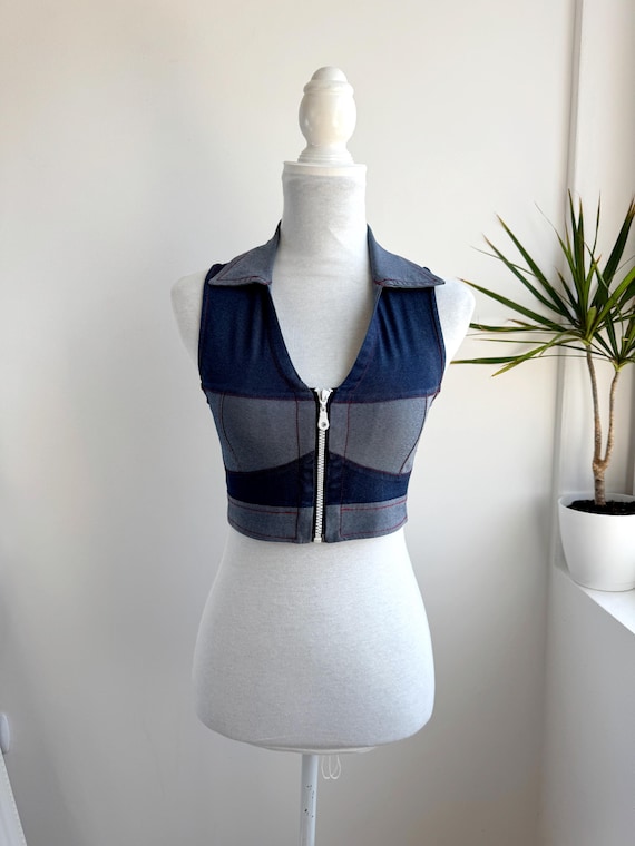 Vintage Y2K Denim Patchwork Cropped Vest Top Women XS, Zip Up Collared Jean Crop Top, 90s Streetwear V Neck Blue Cotton Corset Bustier