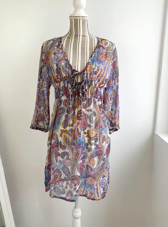 Vintage Paisley Floral Sheer Overlay Top S/M Y2K 2000s Open Tie Up Front Mesh Blouse 3/4 Sleeves Beach Tunic Transparent Cover Up Shirt