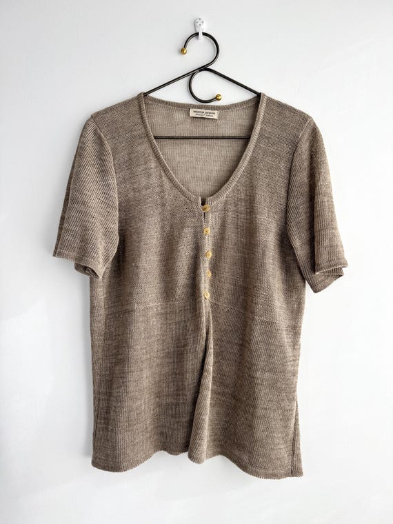 Vintage Linen Cotton Knit Cardigan, Neutral Taupe Short Sleeve Button Up Top, Minimalist Summer Knitwear Lightweight Pointelle Tee Size L