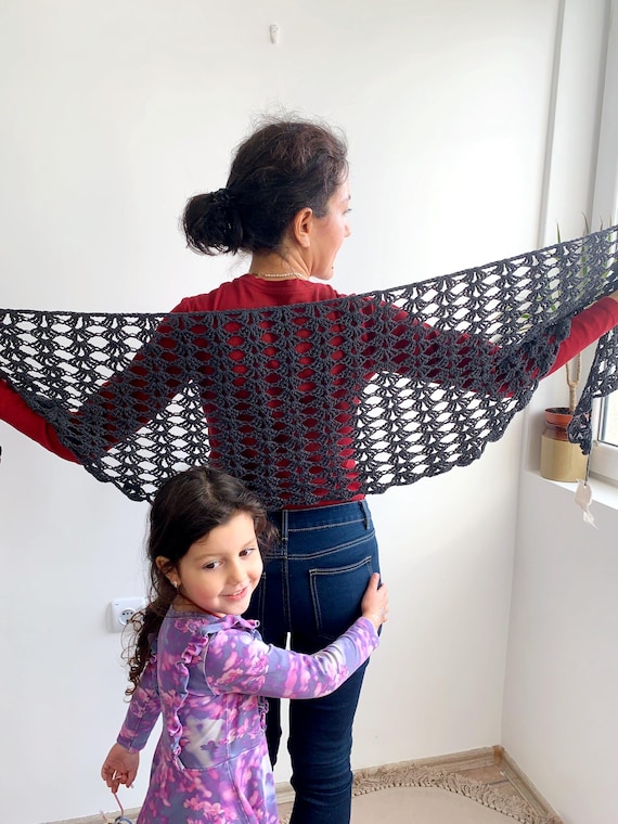 Vintage Hand Knitted Shawl, Boho Crochet Scarf, Sandnes Garn Cotton Linen Blend Wrap, Dark Grey Charcoal Winter Accessory, Made in Norway