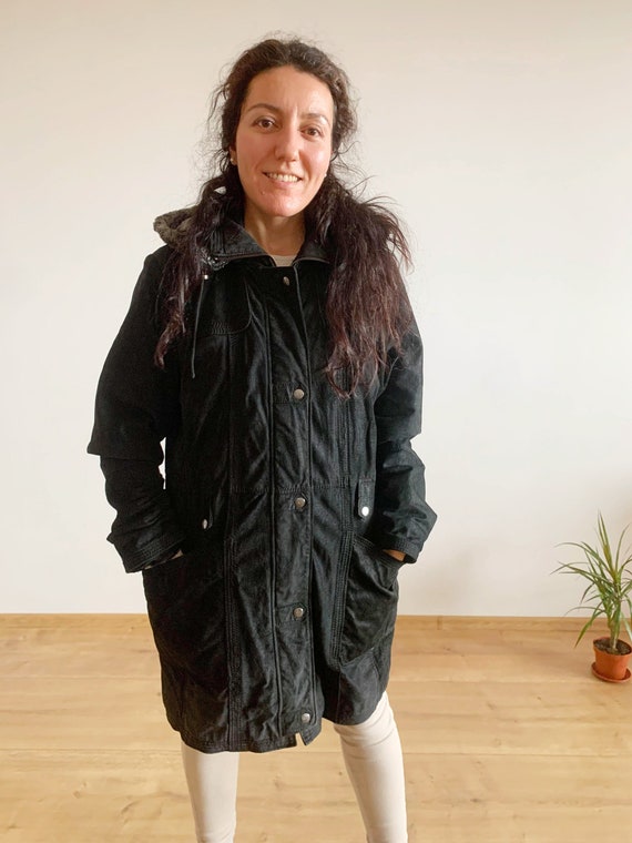 Vintage 80s Black Suede Jacket with Hood Size M, Hooded Suede Leather Parka Jacket,  Relaxed Oversized Real Suede Jacket, Sherpa Coat Women