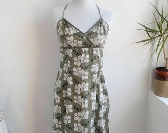 Vintage Y2K Olive Green Floral Halter Mini Dress Size S, 90s Khaki Boho Tropical Print Sundress, Summer Festival V Neck Backless Resort Wear