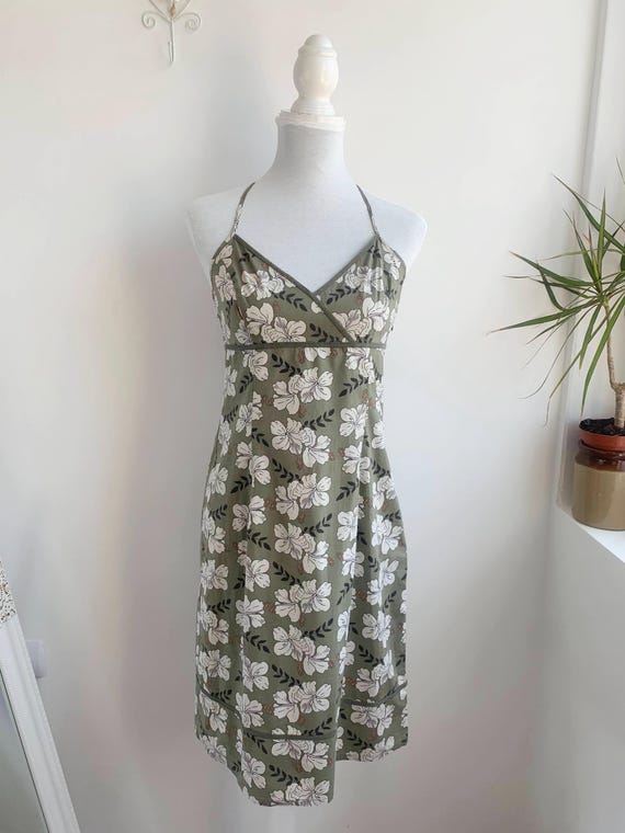 Vintage Y2K Olive Green Floral Halter Mini Dress Size S, 90s Khaki Boho Tropical Print Sundress, Summer Festival V Neck Backless Resort Wear
