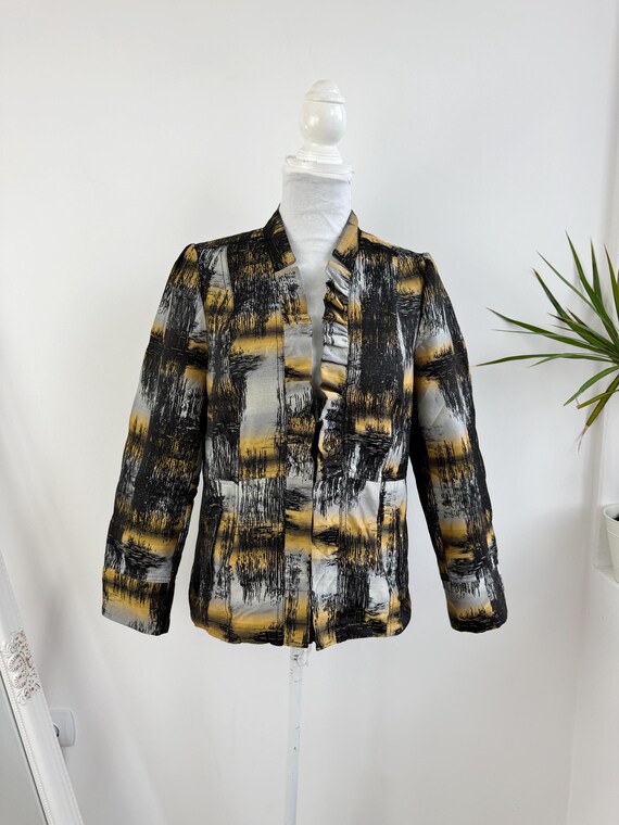 Vintage Abstract Grey Gold & Black Blazer Women's Size L, 90s Jacquard Ruffle Collar Jacket, Unique Fall Spring Light Unlined Zip Up Coat