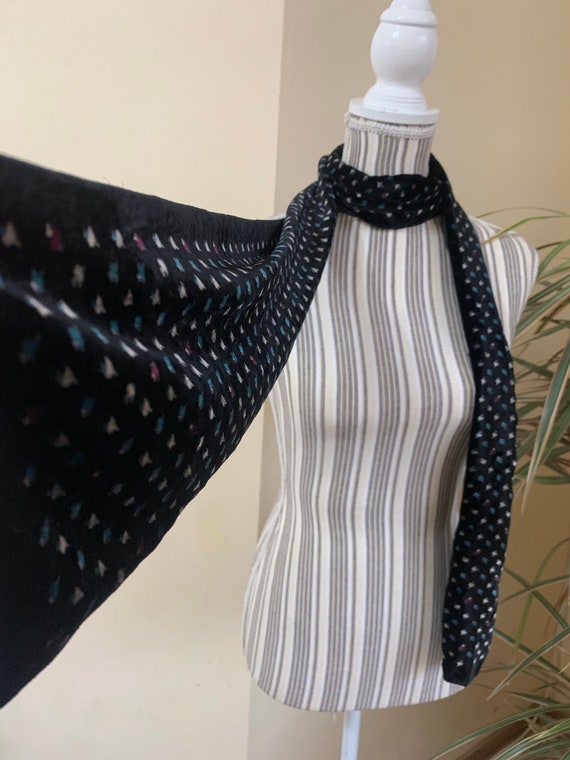 Vintage 90s Black Velvet Scarf, Velvet Chocker Scarf, Tiny Floral Print Evening Scarf, Slim Long Velvet Scarf, Elegant Evening Accessory