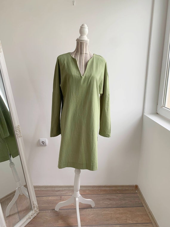 Vintage Sage Green Tunic Top Size M, Loose Fit Cotton Tunic, V Neck Long Sleeve Relaxed Kurti, Boho Kaftan Shirt, Tunic Dress, Resort Wear