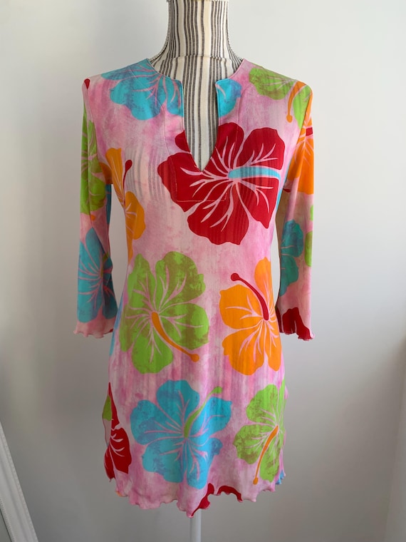 Vintage 90s Pink Green Blue Sheer Top With 3/4 Sleeves Size S, Y2K 2000s Stretchy Floral Blouse, Fitted Botanical Lace Tunic, Mesh Shirt