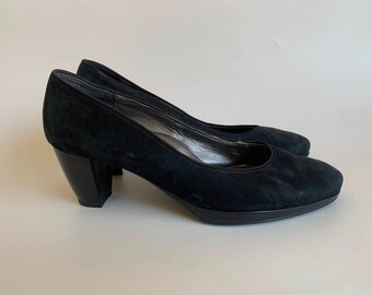 Black Suede Leather Shoes for Women Size UK 5 1/2 EUR 38 1/2 US 7 1/2, Vintage 90s High Heel Shoes, Heeled Slip Ons, Elegant Loafer Pumps