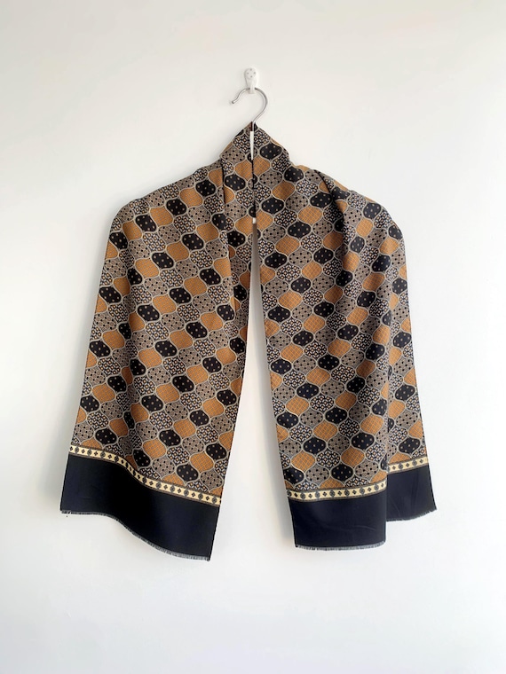 Vintage 70s Novelty Print Scarf, Camel Brown Mustard Yellow Sky Blue Black Oblong Mens Scarf, Ditsy Floral Geometric Ikat Unisex Neck Scarf