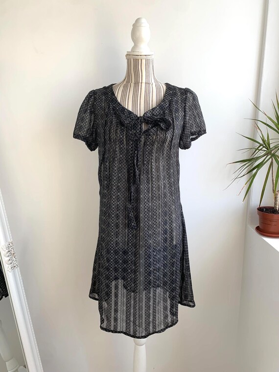 Vintage 90s Bowtie Sheer Mini Dress, Short Puff Sleeve Mesh Dress Size S, Grey See Through Summer Dress, Transparent Loose Fit Grunge Dress