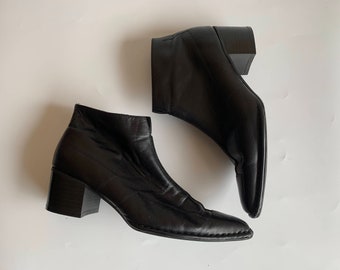 Pointy Toe Black Ankle Boots, Vintage 90s Y2K Chunky Stacked Heel Booties, Real Leather Fall Spring Heeled Shoes for Women EUR 38 UK 5 US 7