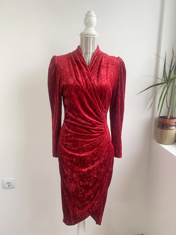 Vintage 80s Red Crushed Velvet Dress Size XS S, Long Sleeve V Neck Velvet Evening Gown, Asymmetrical Side Pleated Cocktail Party Midi Dress