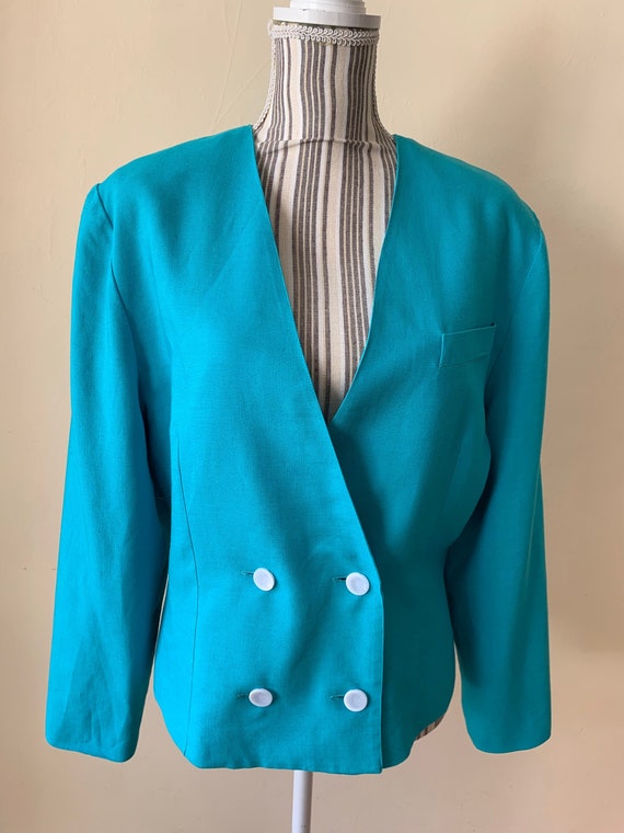 Vintage 90s Cyan Blue Linen Blazer for Women Size M L, Spring Summer Double Breasted Linen Jacket, Long Sleeve V Neck Casual Linen Crop Coat