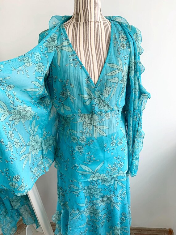 Vintage 90s Light Blue Midi Skirt Set With Tank Top and Bolero Size L Sheer Tulle Floral 3 Piece Suit Set Y2K Mesh Summer Costume for Women