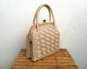 50s Crochet Bag, Grace Kelly Purse, Beige Corde Handbag, Woven Pearl Pouch, Wedding Bridal Purse, Ecru Lace Handbag, Silk Evening Clutch