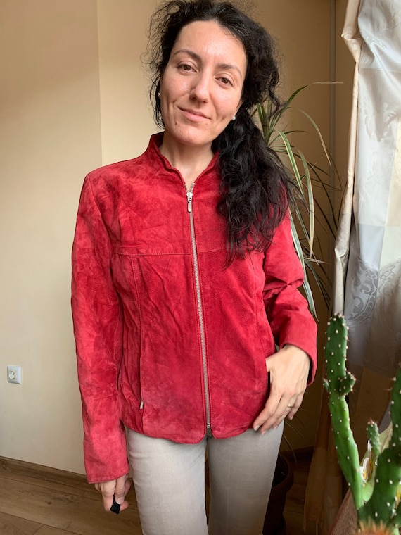 Women's Red Leather Jacket Size Medium 38, Vintage Red Suede Jacket, Distressed Suede Trucker Jacket, 90s Leather Jacked, Y2K Western Jacket