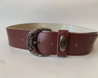 Vintage Burgundy Brown Leather Belt for Women, Boho Chic Waist Cincher, Wide Waist Belt with Carved Buckle, Bohemian Belt Size 75 cm 29"