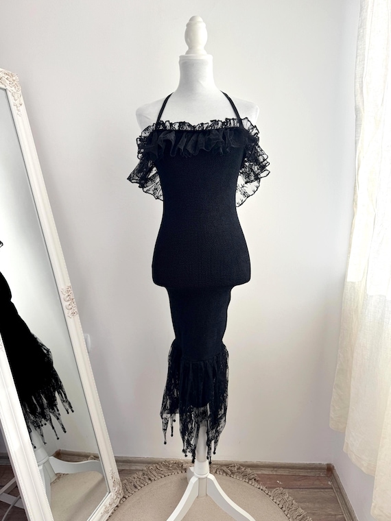 Vintage 90s Hunza London Crinkle Dress, Black Lace Ruffle Halter Mermaid Maxi, Rare Gothic Whimsigoth Smocked Bodycon Gown, Made in England