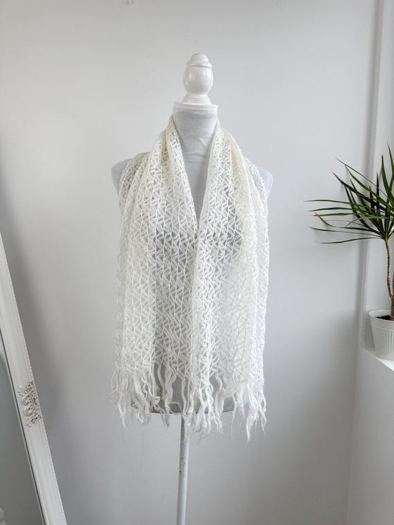 Vintage White Crochet Shawl, Airy Boho Lace Scarf, Sheer Mesh Mohair Wrap, Romantic Bridal Shoulder Wrap, Lightweight Evening Scarf