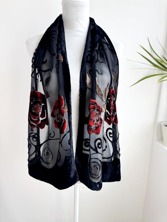 Vintage 100% Silk Velvet Devoré Shawl Red Rose Floral Burnout Scarf Black Elegant Evening Wrap Boho Gothic Sheer Stole Art Deco Gift for Her