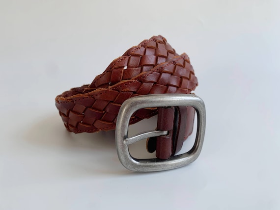 Brown Woven Leather Belt for Women 85 cm 33", Vintage 90s Bohemian Wide Hip Belt, Boho Chic Braided Leather Waist Belt, Hippie Festival Belt