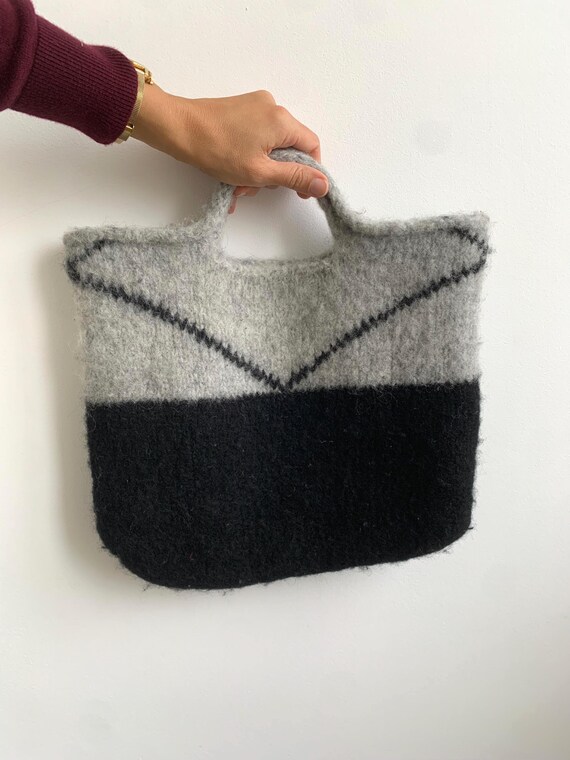 Vintage Felted Wool Handbag, Grey Black Color Block Purse, Handmade Knitted Bag, Cozy Winter Open Top Carry All, Retro Mid-Century Shopper