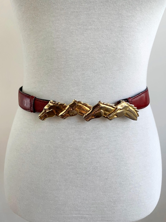 Vintage ESCADA Horse Head Belt for 66 cm / 26", Gold Tone Interlocking Buckle, Equestrian Burgundy Leather Belt Horse Lover Gift for Her