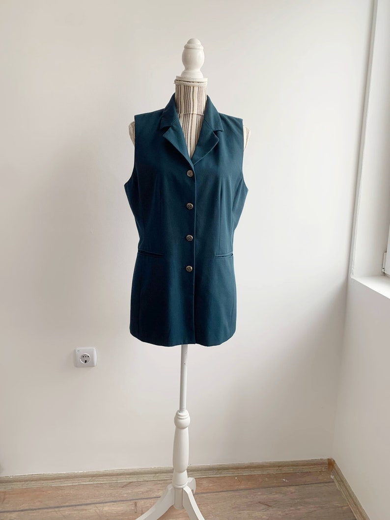 Turquoise Teal Blue Green Sleeveless Notched Collared Blazer Jacket For Women Size M L, 90s Preppy Elegant Business Office Vest Waistcoat image 5