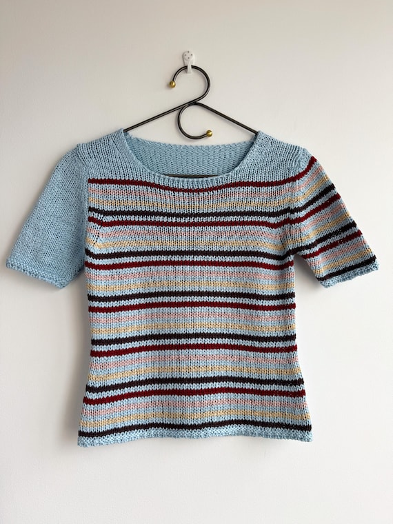 Vintage 90s Italian Knit Striped T Shirt, Short Sleeve Sweater, Summer Fitted Knitted Jumper Top, Cotton Acrylic Blend Light Blue Pullover
