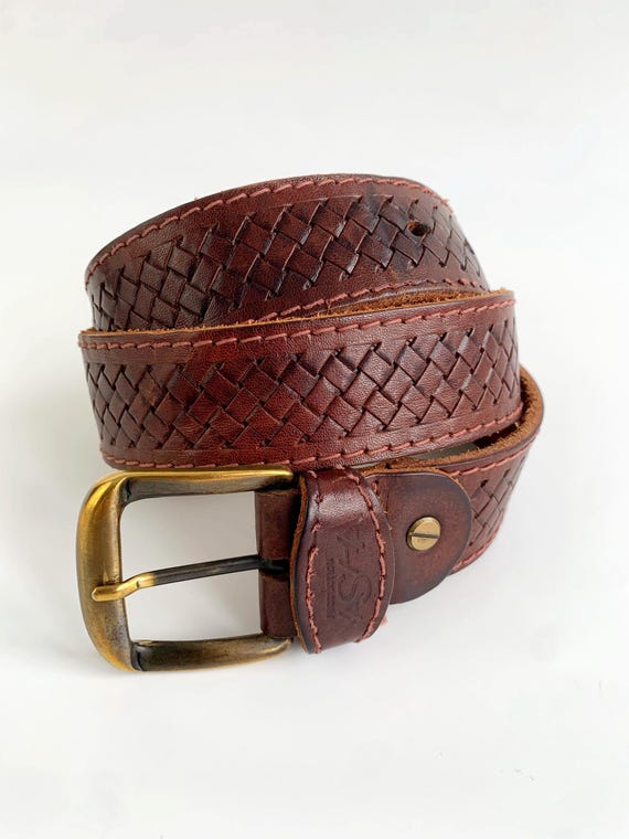 Vintage 80s Cognac Brown Leather Belt for Women 78-88 cm / 30-34", Full Grain Distressed Leather Jeans Belt,  Boho Tooled Leather Waist Belt