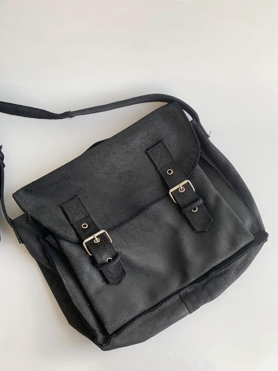 Vintage Large Black Leather Satchel, Soft Suede Messenger, Oversized Top Handle Crossbody Bag, College Work Handbag, Business Attache Purse
