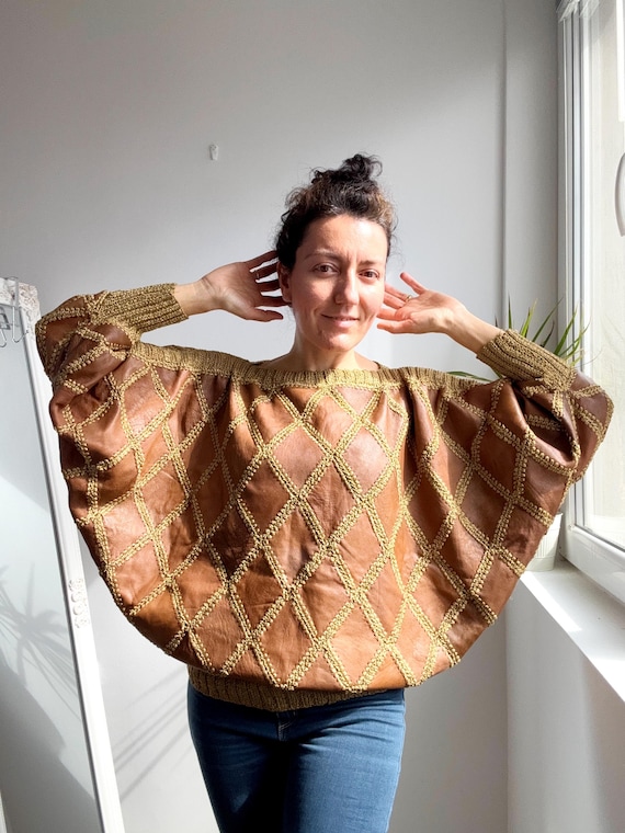 Vintage 80s Leather Knit Patchwork Sweater, Brown Tan Cognac Diamond Argyle Batwing Pullover, Boho Avant Garde Knitted Festival Top One Size