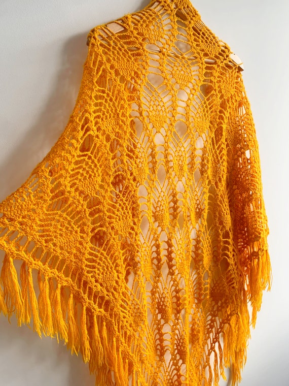 Pineapple Crochet Lace Shawl, Yellow Sheer Bohemian Shawl, Boho Triangle Shawl Wrap, Gypsy Festival Fringed Scarf, Soft Wool Wrap Shawl