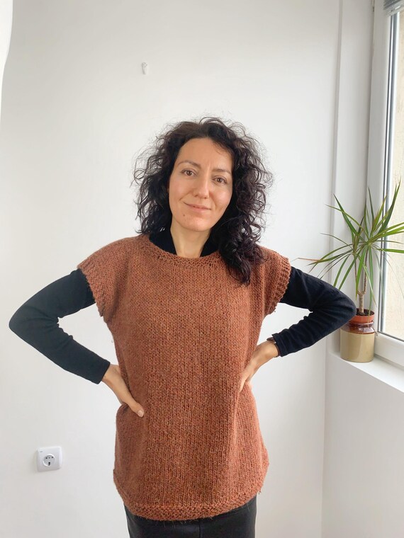 Vintage 90s Pullover Sweater Vest for Women Size L, Burnt Orange Sleeveless Vest, Chunky Knit Sleeveless Sweater, Boho Knitted Tank Top
