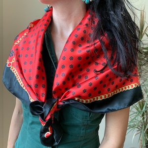Vintage Black Red Large Square Scarf, Abstract Floral Polkadot Silky Satin Neck Scarf, Retro Shoulder Scarf, Pin Up Head Scarf for Women