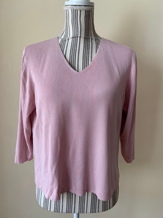 Pure Silk Sweater, Pale Pink Sweater, V Neck Sweater, 3/4 Sleeves Pullover, Cropped Sweater, Vintage Brooks 346 Women's Knit Sweater Size L