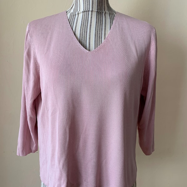 Pure Silk Sweater, Pale Pink Sweater, V Neck Sweater, 3/4 Sleeves Pullover, Cropped Sweater, Vintage Brooks 346 Women's Knit Sweater Size L