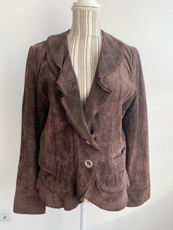 Vintage 90s Brown Soft Suede Leather Blazer for Women Size L, Boho Grunge Ruffled Collar Single Breasted Jacket, Festival Outerwear Coat