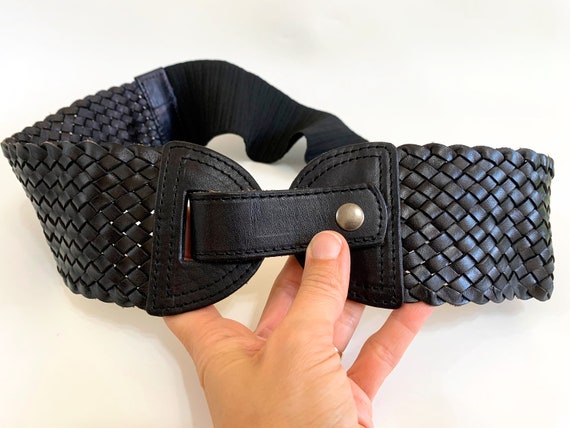 Vintage 90s Elastic Black Cinch Belt, Woven Leath… - image 5