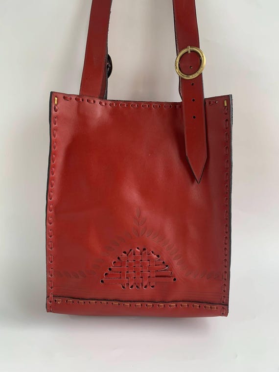 Vintage 70s 80s Tooled Leather Tote Purse, Brick Red Leather Handbag, Open Top Leather Shoulder Bag, Woven Bohemian Bag, Boho Festival Purse