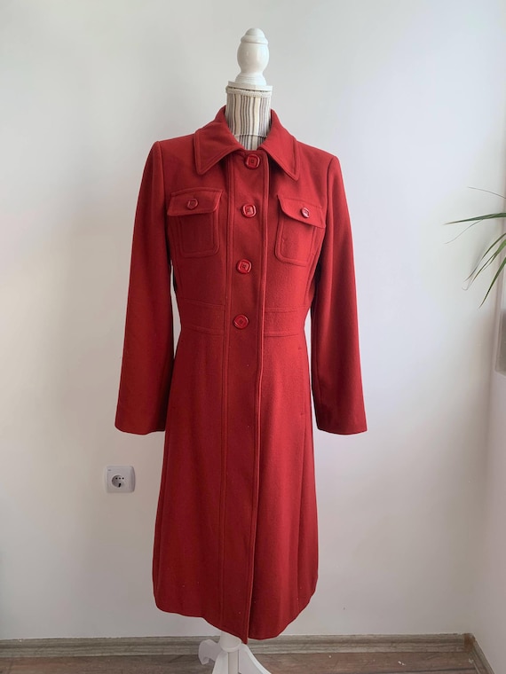 Vintage Y2K Brick Red Wool Coat Size M, Collared Woollen Coat For Women, Lined Warm Winter Midi Coat, Retro Style Fitted A Line Overcoat