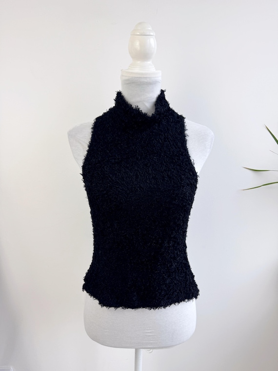 Vintage Italian Pullover Sleeveless Turtleneck Sweater Size M L, High Neck Cropped Shaggy Vest, Black Bloucle Knit Tank Top Y2K Knitwear