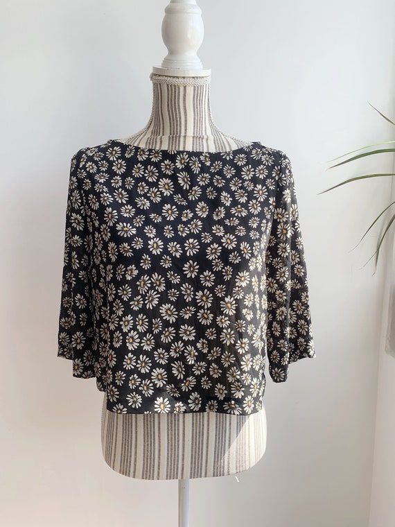 Vintage 90s Y2K Semi Sheer Black Floral Blouse for Women Size S, Daisy Print Overlay Top, See Through Crop Top, Grunge Half Sleeve Shirt