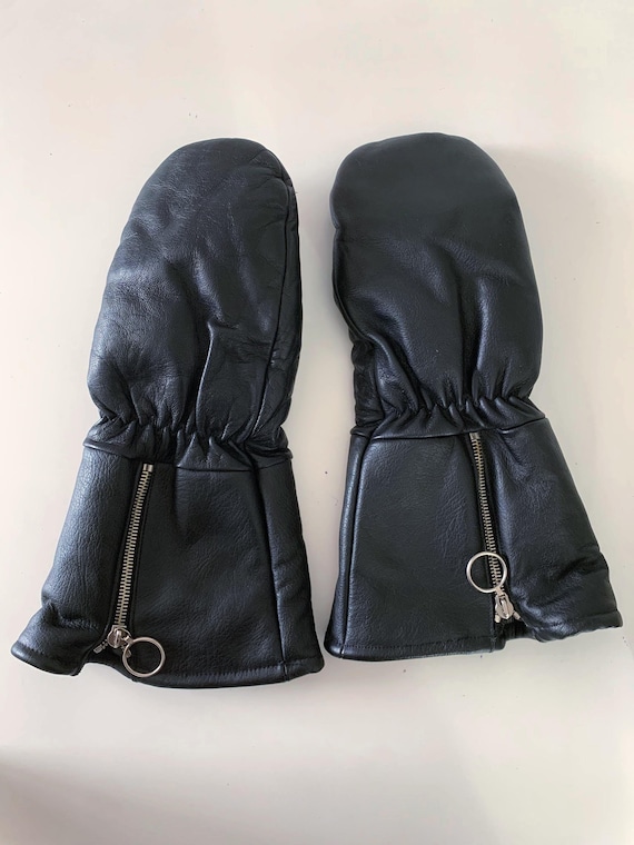 Vintage Black Real Leather Mittens, Shearling Lined Winter Gloves, Long Cuff Leather Mitts, Cozy Moto Biker Winter Hand Warmers, Unisex Gift